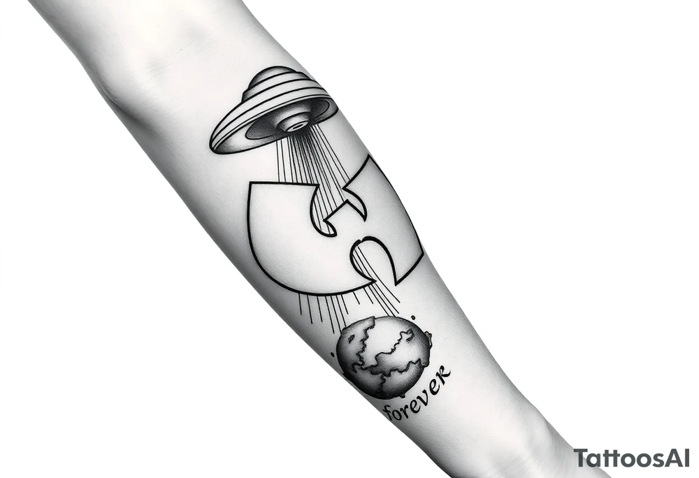 Ufo dropping the Wu-Tang Clan Symbol down to earth with the bottom of forearm saying "Wu Tang Forever" tattoo idea