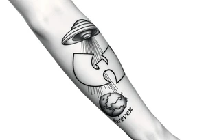 Ufo dropping the Wu-Tang Clan Symbol down to earth with the bottom of forearm saying "Wu Tang Forever" tattoo idea
