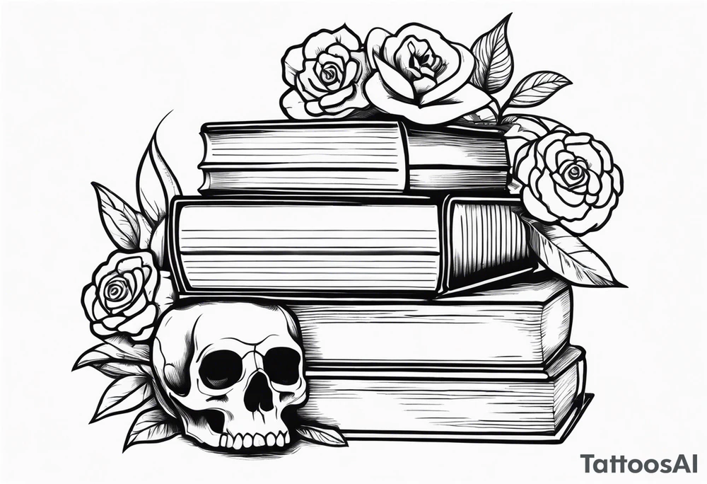 feminine tattoo of stacked books and flowers with a snake and skull tattoo idea