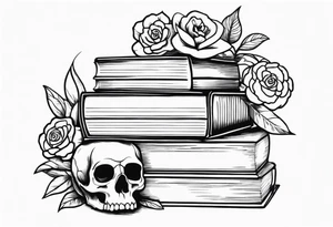 feminine tattoo of stacked books and flowers with a snake and skull tattoo idea
