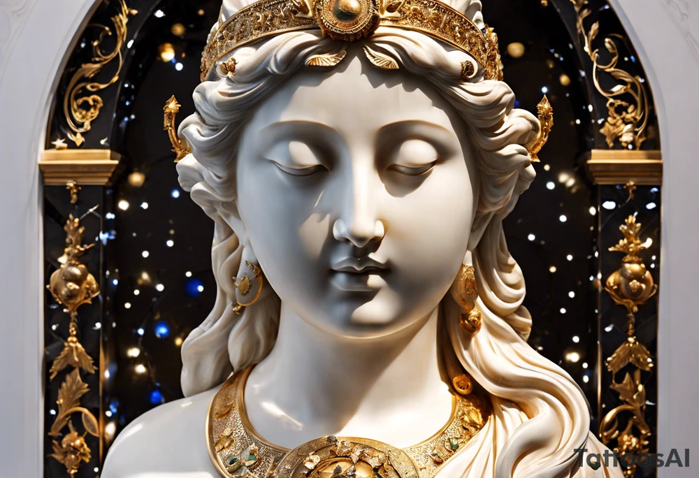 marble statue depicted in the process of breaking free from its stone confines, symbolizing the liberation of the mind and the pursuit of higher understanding. The statue's form, sculpted with meticulous detail, appears to be emerging from a celestial shell adorned with cosmic motifs and swirling galaxies. As the shell fractures, radiant beams of light pierce through, illuminating the surrounding space in a breathtaking display of enlightenment and awakening. In the background, a vast expanse of stars and celestial bodies stretches into infinity, evoking a sense of wonder and boundless potential. This tattoo serves as a powerful metaphor for breaking free from limitations and embracing the expansive universe of knowledge and possibility. tattoo idea