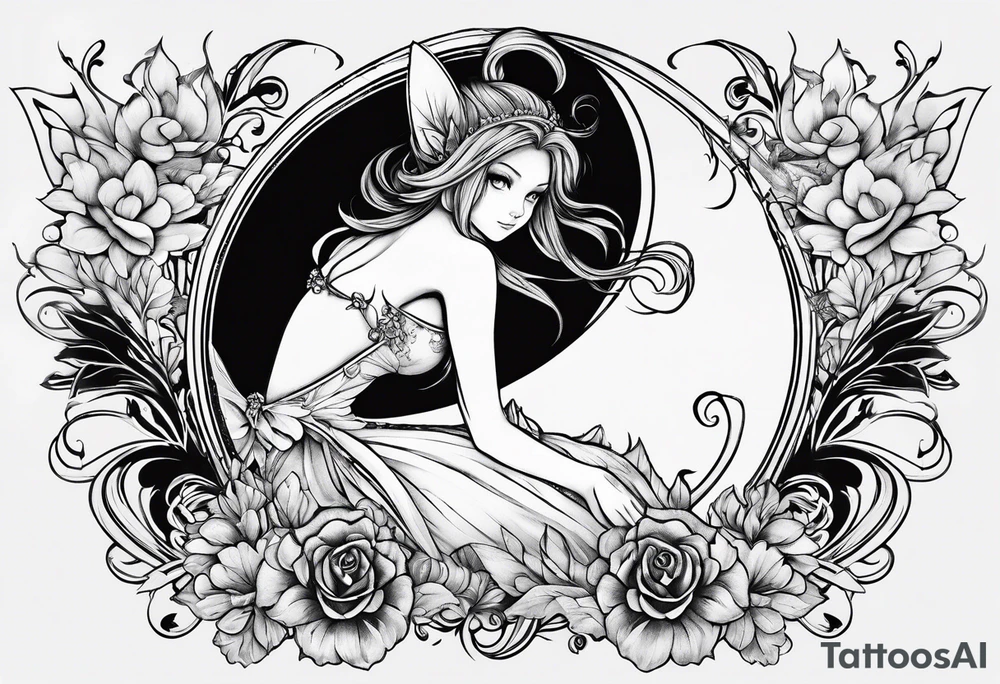 A fairy with a tail inspired by the logo of the show called Fairy Tail in a fetal position leaning in tattoo idea