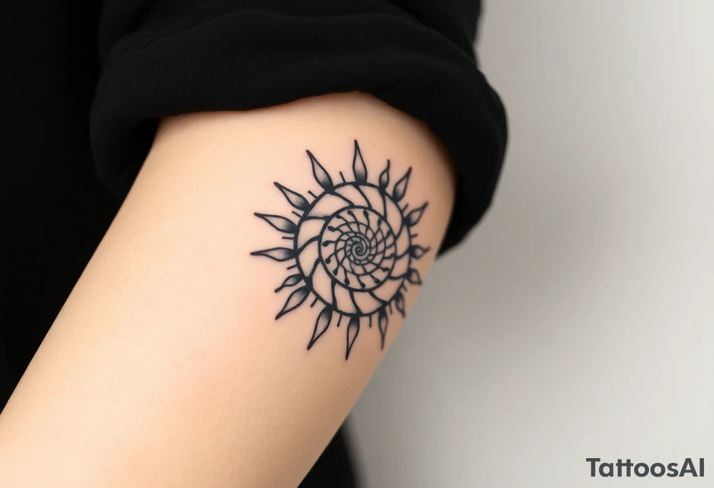 Fibonacci spiral shell inside of sun tattoo idea