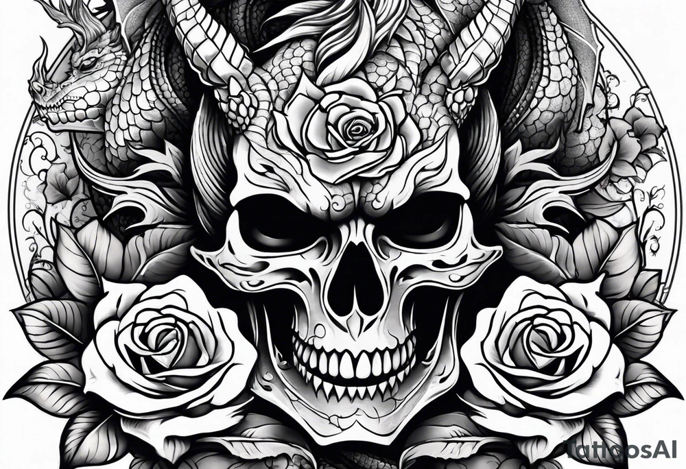 aesthetic dragon with skull and rose tattoo idea