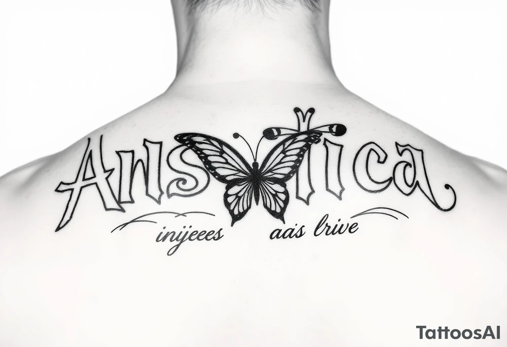 Anastacia in old English mixed with graffiti needs a butterfly or two long beach California vibes tattoo idea