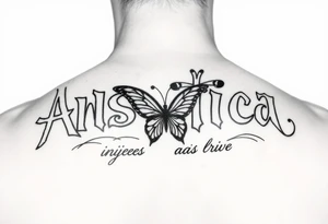 Anastacia in old English mixed with graffiti needs a butterfly or two long beach California vibes tattoo idea