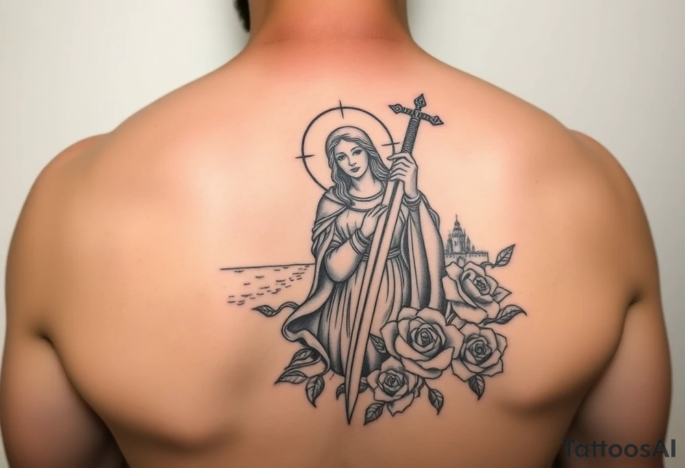 Saint Barbara carrying a sword detailed with a castle tower in the background, the sea, and roses tattoo idea