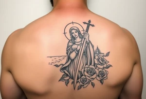 Saint Barbara carrying a sword detailed with a castle tower in the background, the sea, and roses tattoo idea