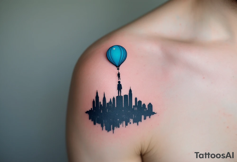 A balloon in sky blue lifting a tiny figure of a boy above a black silhouette of cityscape. tattoo idea