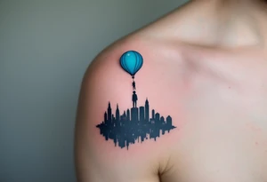 A balloon in sky blue lifting a tiny figure of a boy above a black silhouette of cityscape. tattoo idea