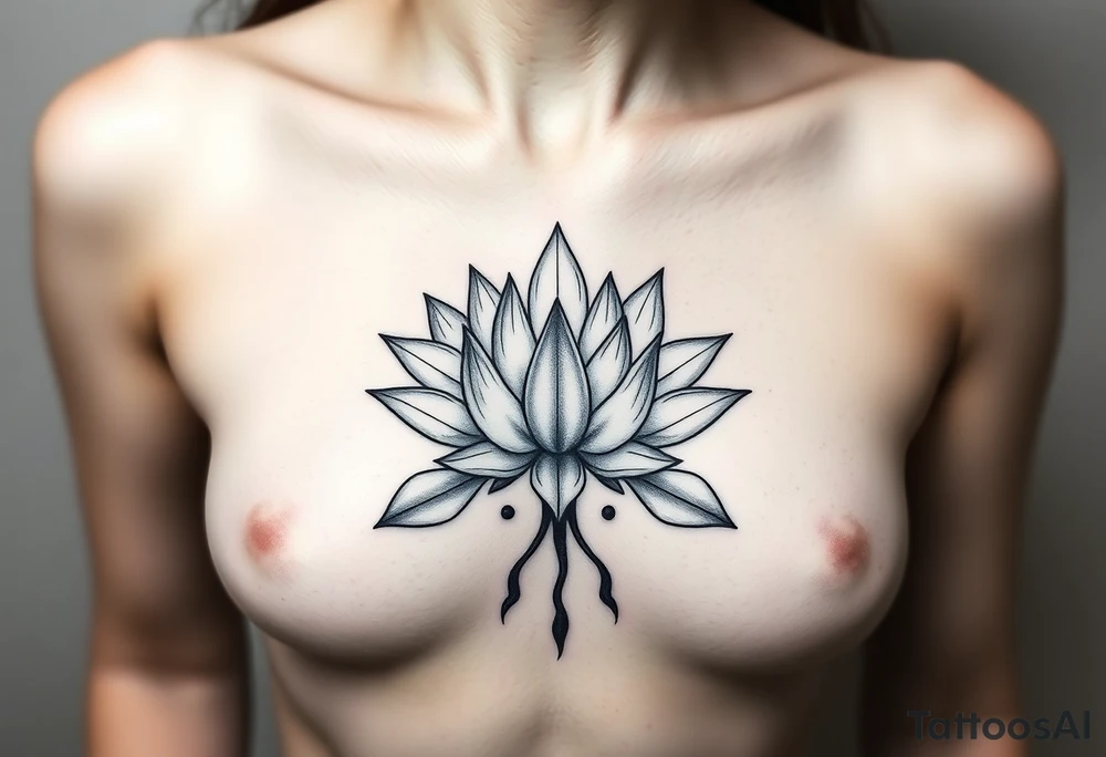Symmetrical Lotus unalome with stems and leaves underboob tattoo idea