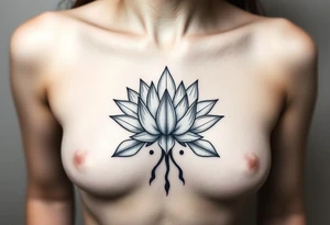 Symmetrical Lotus unalome with stems and leaves underboob tattoo idea