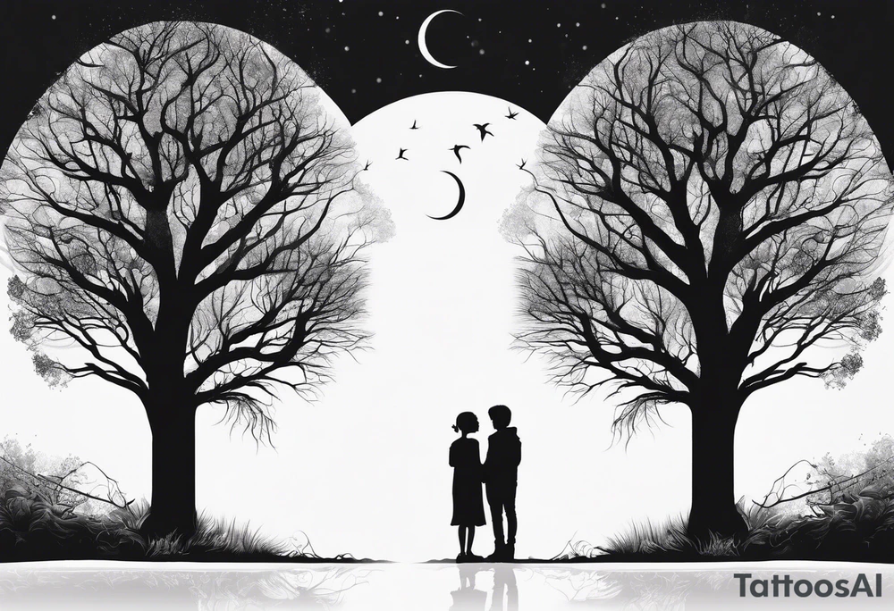 two tall silhouettes of trees and a small person standing between them with the symbol |-/ hidden somewhere in the design tattoo idea