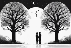 two tall silhouettes of trees and a small person standing between them with the symbol |-/ hidden somewhere in the design tattoo idea