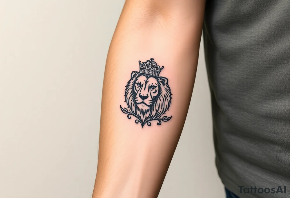 majestic lion wearing ornate crown, surrounded by baroque flourishes tattoo idea