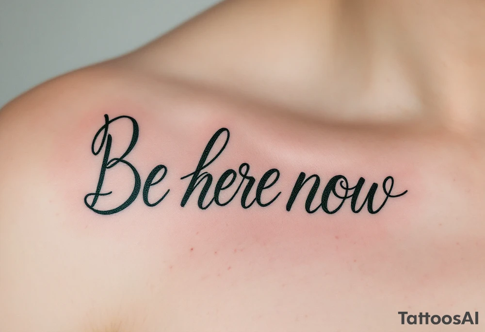 “Be here now” in deep forest green sans serif, with mountain outlines in cool slate. tattoo idea