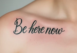 “Be here now” in deep forest green sans serif, with mountain outlines in cool slate. tattoo idea