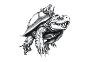 A giant walking 2 slaves on a chain leashan angry turtle with huge teeth with a little man riding on his back tattoo idea