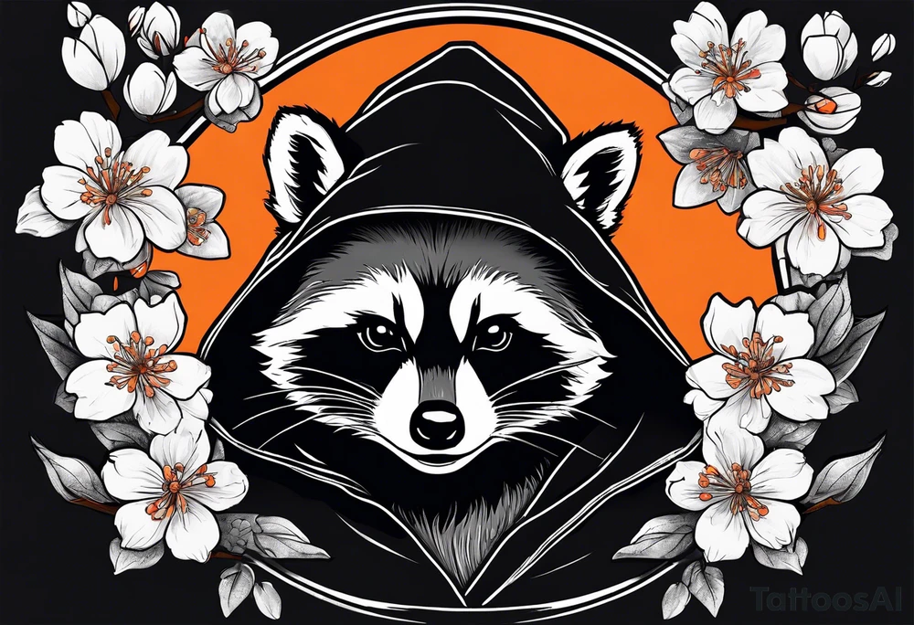Raccoon wearing a white Superman logo on a black hoodie and orange Japanese cherry blossoms tattoo idea