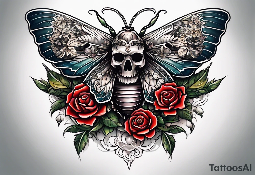 Moth with skull inside it and thorns and roses around it tattoo idea