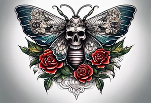 Moth with skull inside it and thorns and roses around it tattoo idea
