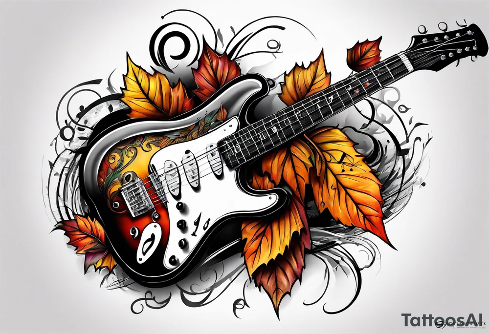 thigh tattoo with fall colors music notation symbols and a guitar tattoo idea