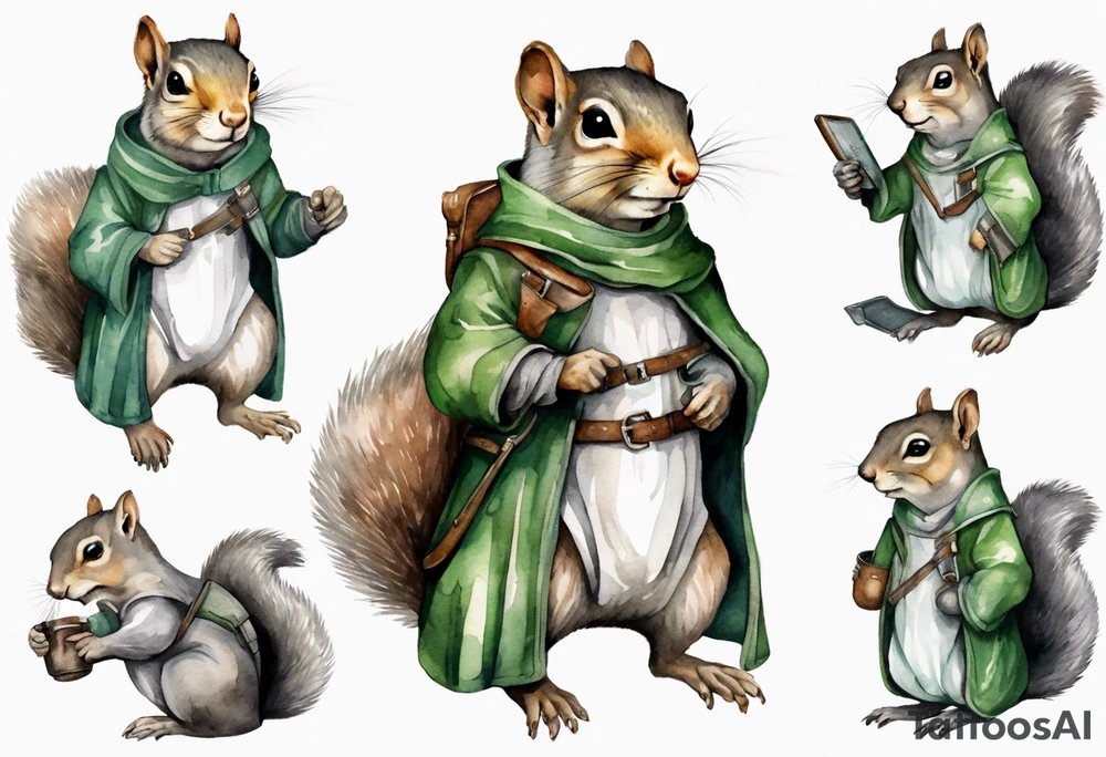 a grey squirrel dressed in a grey and green tunic wearing a medieval messenger bag tattoo idea