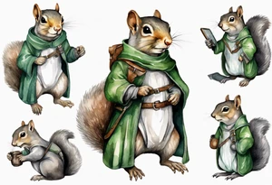 a grey squirrel dressed in a grey and green tunic wearing a medieval messenger bag tattoo idea