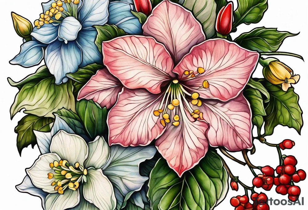 Hydrangea, Narcissus, Poinsettia, Holly, Gladiolus, Poppy, Daisy, Sweet Pea floral tattoo idea
