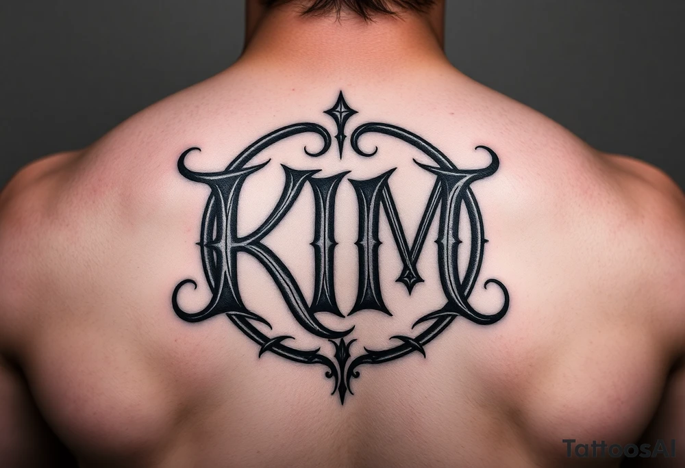 letters only fancy but rugged twisted and intertwined circular arched curvy lettering (KM -KeezY MadE) almost like the the roca wear symbol clothing brand trademark RW but with KM tattoo idea