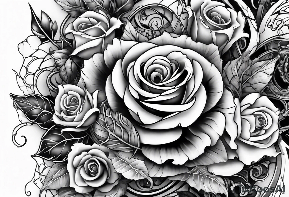 biomechanical sleeve with vines and roses tattoo idea