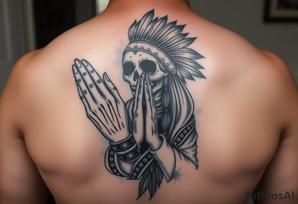 Feamle praying hands half sugar skull half indian woman with praying hands 100dollar bills and realistic tattoo idea