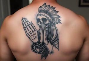 Feamle praying hands half sugar skull half indian woman with praying hands 100dollar bills and realistic tattoo idea