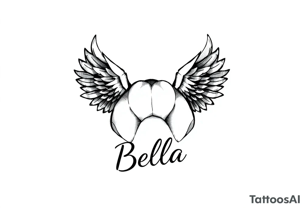 Dog print with small angel wings and the name Bella tattoo idea