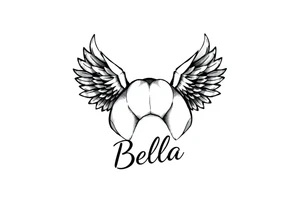 Dog print with small angel wings and the name Bella tattoo idea