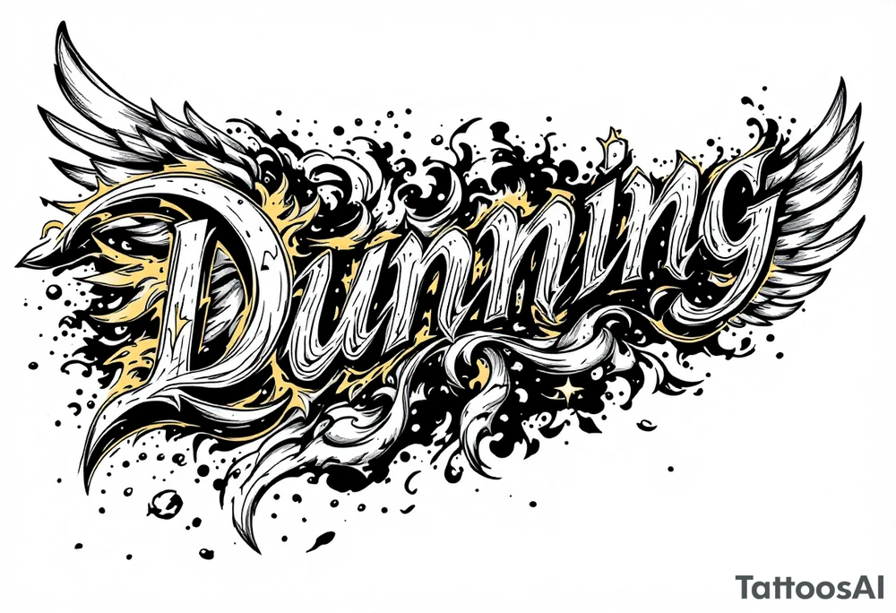 Dunning, left arm details include bold strong font, gold highlights, theme of wealth and angel wings, tattoo idea