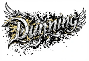 Dunning, left arm details include bold strong font, gold highlights, theme of wealth and angel wings, tattoo idea