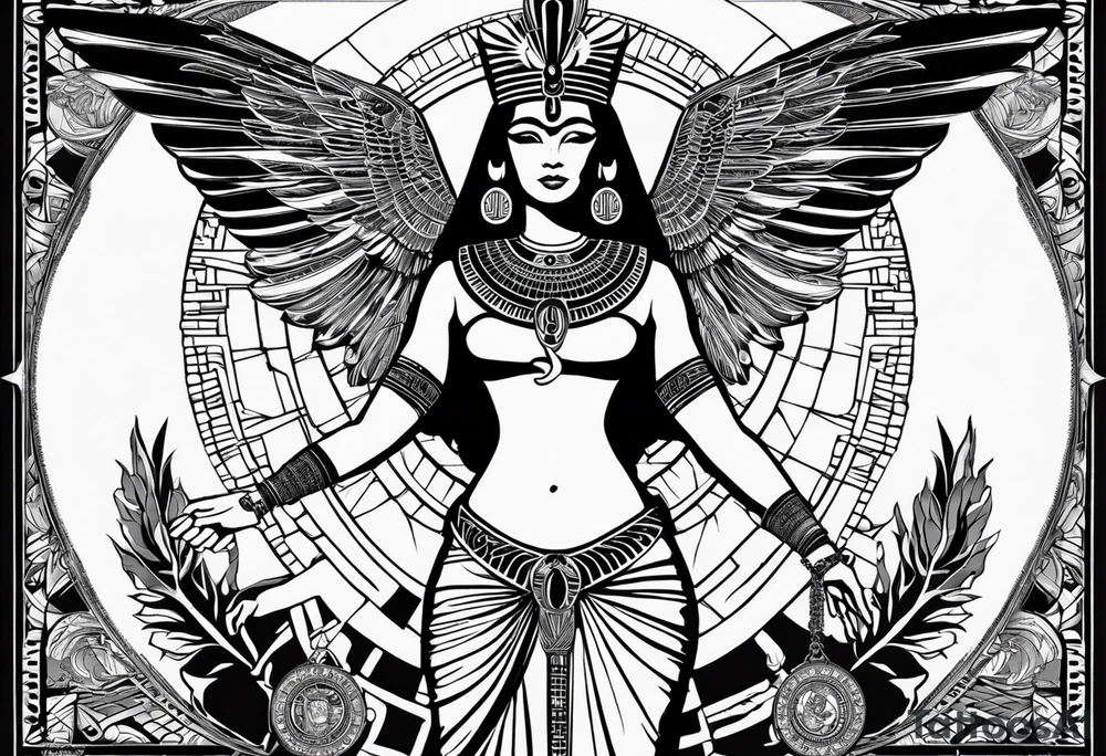 black and white Egyptian goddess Isis, who is often depicted as a woman with outstretched wings, holding an ankh (a symbol of life) in one hand and a lotus flower in the other. Her headdress often includes a throne or a solar disk. The tattoo design can vary in style and size, but it typically aims to capture the essence of this revered Egyptian deity, emphasizing her beauty, power, and maternal qualities. The choice of colors and additional elements can also be customized to create a unique and visually striking representation of the goddess Isis tattoo idea