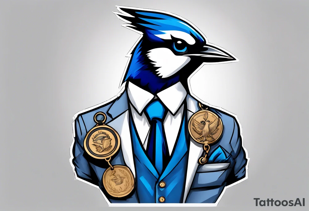 bluejay in a suit with a medal on around neck tattoo idea