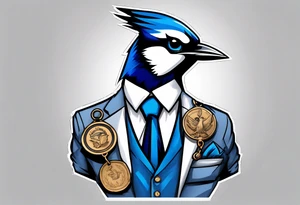 bluejay in a suit with a medal on around neck tattoo idea