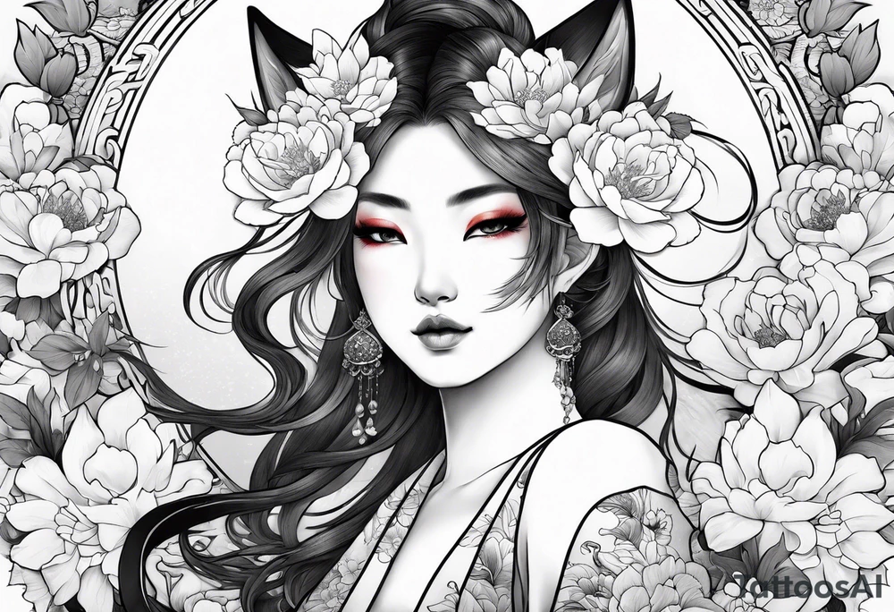 kitsune woman whit flowers tattoo idea