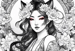 kitsune woman whit flowers tattoo idea