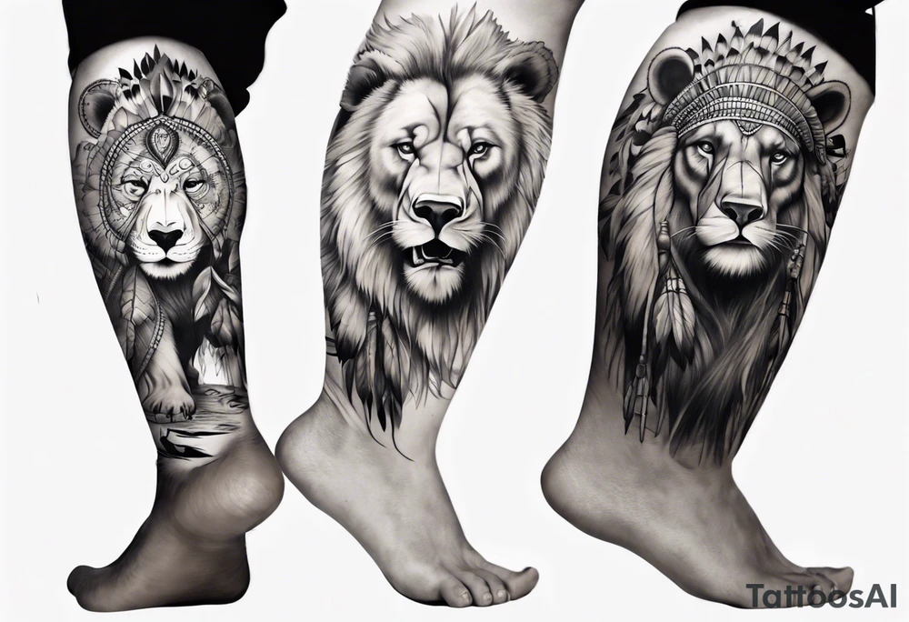 indian realistic leg sleeve, with both indian humans and a bear and maybe a lion tattoo idea