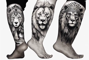 indian realistic leg sleeve, with both indian humans and a bear and maybe a lion tattoo idea