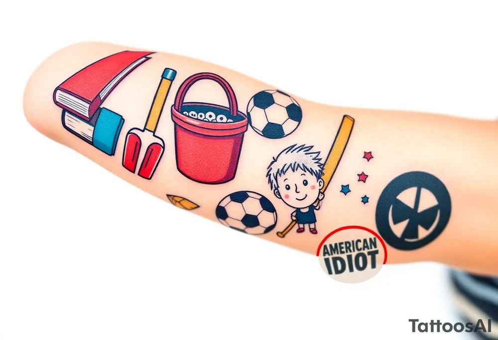 Childhood memories of a book, a bucket and spade, a football, a cricket bat, a cartoon of Dennis the Menace from the Beano comic, and the American Idiot symbol tattoo idea