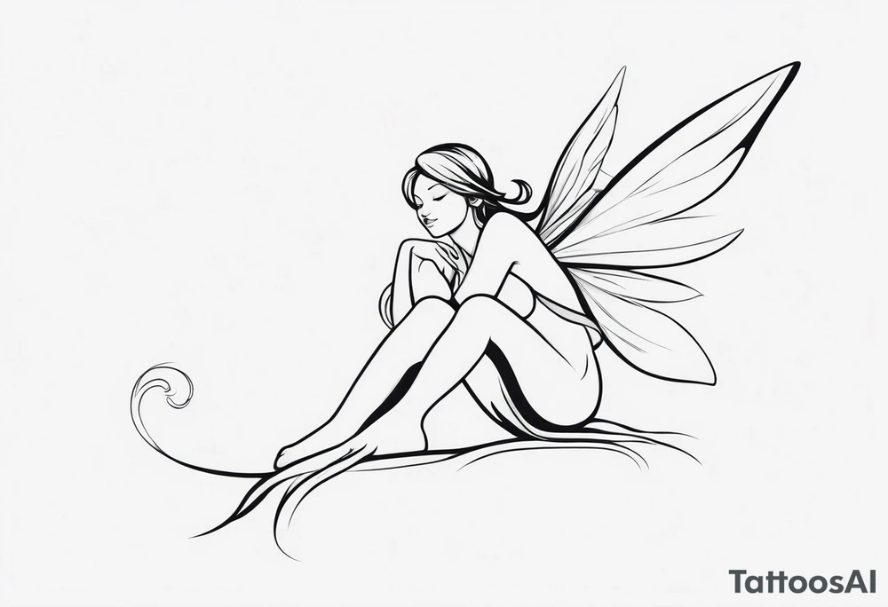 Minimalistic, monochromatic fairy with a tail flying to the left in a fetal position, leaning and looking in the same direction, with visible hands, embodying the 'Fairy Tail' logo aesthetic. tattoo idea