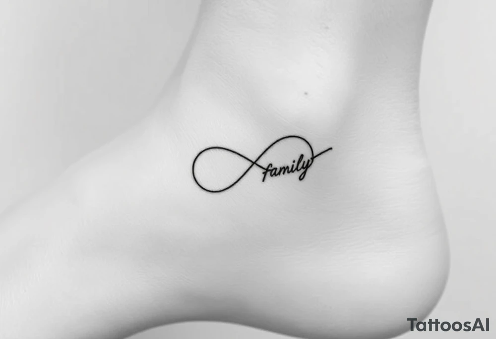 A minimalist infinity symbol composed of thin, intersecting lines, with the word "family" subtly incorporated along the curve in a contemporary font tattoo idea