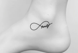 A minimalist infinity symbol composed of thin, intersecting lines, with the word "family" subtly incorporated along the curve in a contemporary font tattoo idea