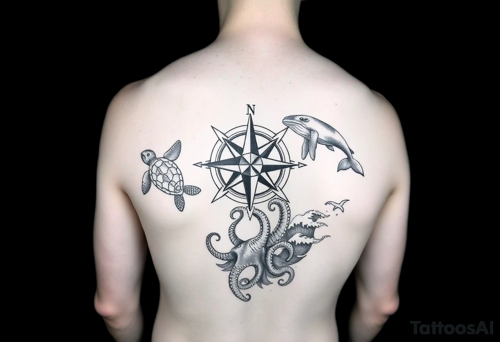 black and grey realist tattoo arm sleeve consisting of Compass Rose Placement: Centered on the inner forearm as a focal point.
Loggerhead Turtles: Swimming along the forearm, possibly near the wrist or upper arm.
Octopus: Wrapping its tentacles around the design, creating movement.
Whales: A large whale gliding through the upper forearm or bicep area.
Waves: Flowing throughout, acting as the background to tie everything together. tattoo idea