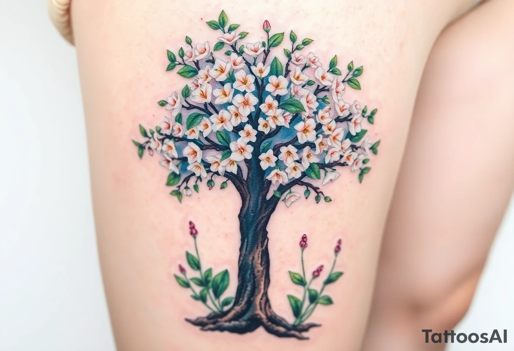 Flowering hawthorne tree with white lilly of the vally bell plants planted by  tree with other lilly plants t8q tattoo idea